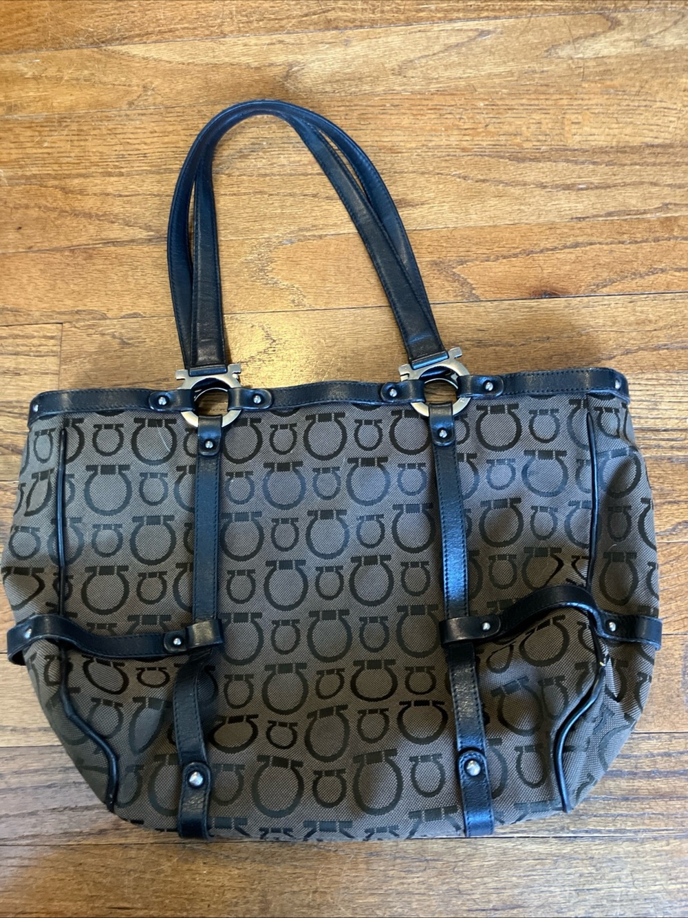 Salvatore Ferragamo Brown Logo Canvas Tote with Black Leather Straps